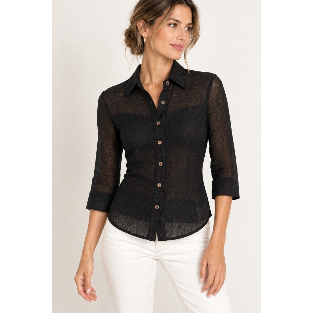 NWT Poleci Bias Shirt M Black Linen Nylon Sheer Button Front Made USAY2k 90s